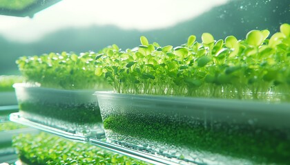 Vibrant microgreens growing in clear containers under soft natural lighting.