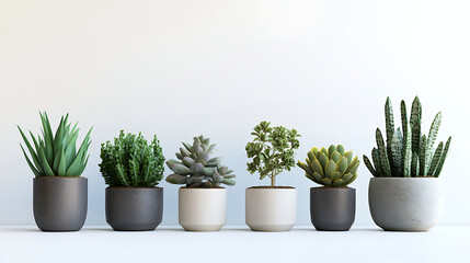 Fototapeta premium Minimalist potted plants creating a zen ambiance on a white background 