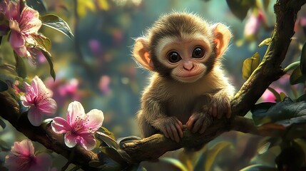 Fototapeta premium Adorable Baby Monkey in a Blossom Tree