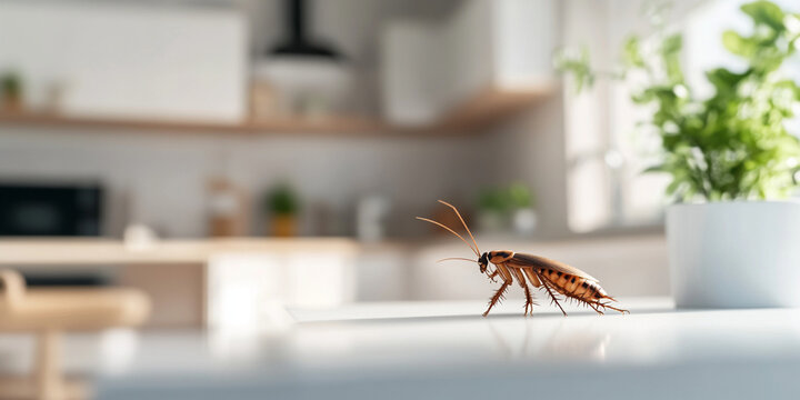 close up view of cockroach with six legs crawling on kitchen countertop, showcasing its detailed features in modern, bright kitchen environment