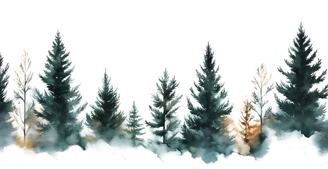 Obraz premium Watercolor Evergreen Trees Forest on a transparent and white background