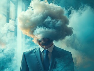 Overworked businessman with cloud head in blue suit illustrating burnout and mental load in surreal...