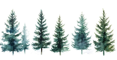 Fototapeta premium Watercolor Evergreen Trees Forest on a transparent and white background