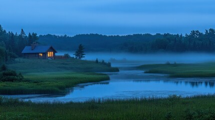 Fototapeta premium Secluded log cabin on a tranquil lake at dusk, mist rising from the water.