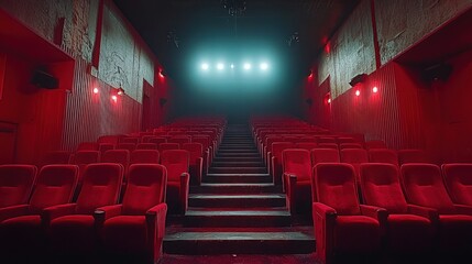 Empty red velvet seats in a dark movie theater with a bright screen.