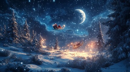 Realistic, enchanting winter scene with Santa and reindeer flying under a glowing full moon, snowflakes drifting down, Christmas trees below illuminated with festive lights