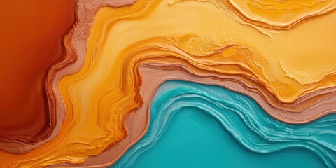 A vibrant abstract design featuring flowing layers of orange, yellow, and turquoise, creating a dynamic and visually striking composition.