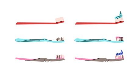 Collection of toothbrushes and toothpaste on a white background. Dentistry concept, oral care. Different toothbrushes designs with different paste. Teeth cleaning accessories. Colorful vector set