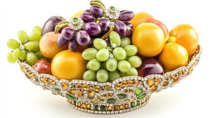 Jewel-encrusted bowl overflowing with assorted fresh fruits.
