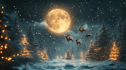 Realistic, enchanting winter scene with Santa and reindeer flying under a glowing full moon, snowflakes drifting down, Christmas trees below illuminated with festive lights