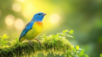 Fototapeta premium Vibrant blue and yellow bird perched on mossy branch.