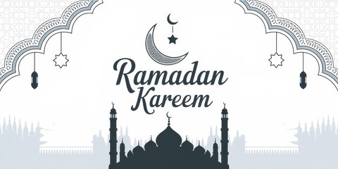 Obraz premium Elegant Ramadan Kareem Greeting with Mosque Silhouette and Crescent Moon