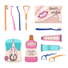 Set of oral hygiene products in a flat style. Different toothbrushes, toothpastes, dental floss, mouth rinse, teeth strips, irrigator. Teeth cleaning accessories. Colorful vector set