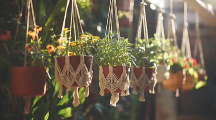 Multiple hanging macrame planters with potted plants creating a boho decor vibe 