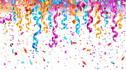 Colorful party rainbows and confetti for New Year's Eve celebration. Isolated on a white background Fun and lively