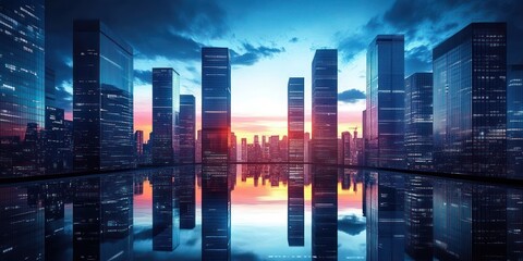 Obraz premium Futuristic Smart City Skyline at Dusk with Glass Skyscrapers and Reflections