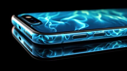 Sleek smartphone with vibrant blue flame design, reflecting on a black surface.