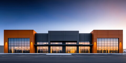 Obraz premium Modern commercial building with large glass windows, showcasing a sleek design against a colorful evening sky.