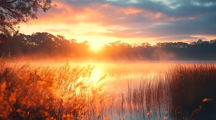 Obraz premium Golden Sunrise over Misty Lake: Peaceful Nature Scene