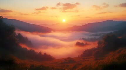 Obraz premium Majestic Sunrise over Foggy Mountain Valley
