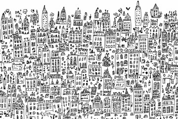 Hand-Drawn Cityscape Illustration Full of Buildings and Characters
