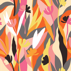 Naklejka premium Botanical, style of cut out paper, abstract vector background. Cute colorful seamless pattern with hand drawn flowers, leaves and branches. Simple trendy floral print for fabric, wallpaper, stationery