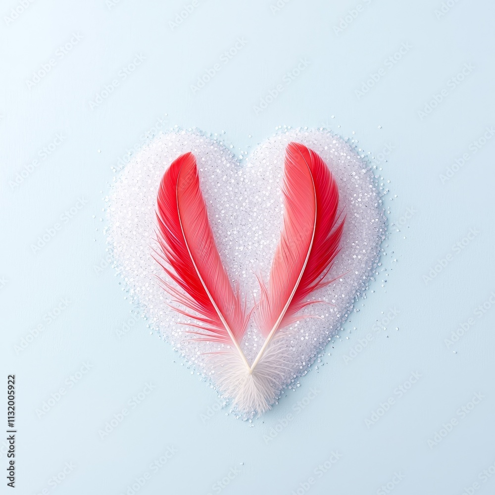 Wall mural Valentine sweetheart moment. Red feathers forming a heart shape on white background