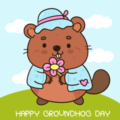 Fototapeta premium happy groundhog day spring season kawaii animal