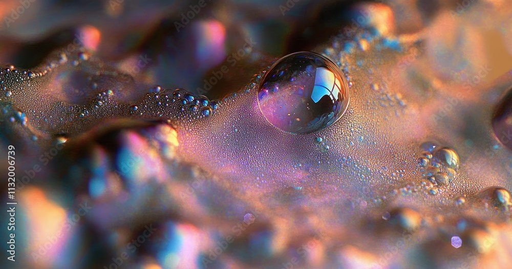 Poster Iridescent Fabric Texture with Shimmering Wet Highlights and Vibrant Color Changing Spots on a Rough Silver Background
