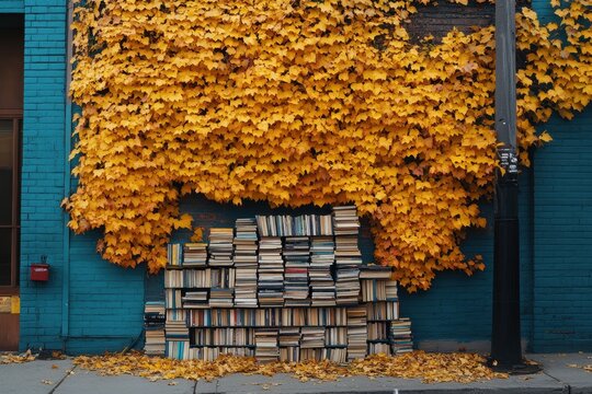 Autumn leaves blanket a wall of stacked books. Perfect for themes of reading, fall, education, or knowledge.