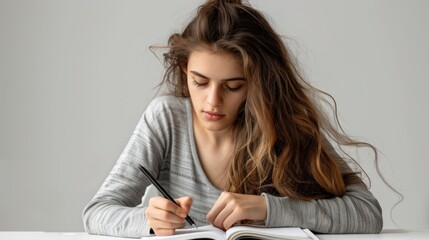 Naklejka premium Focused young adult writing in a notebook, studying with isolated white background for stock purposes