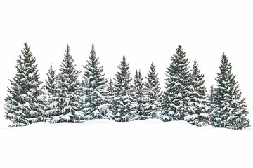 Fototapeta premium Snow Covered Evergreen Trees Against White Background in Winter