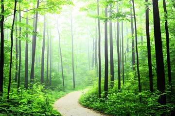 Obraz premium Tranquil Forest Path Through Lush Green Trees and Misty Light