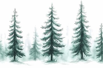 Obraz premium Lush Evergreen Trees in Misty Forest Landscape Illustration
