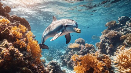 Naklejka premium Dolphin swimming in vibrant coral reef. (1)