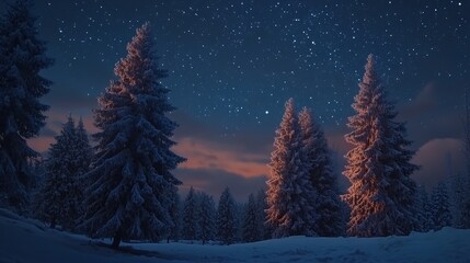 Fototapeta premium Christmas banner. Beautiful night scene with a snowy landscape and a starry sky. The scene is dominated by tall, snow-covered pine trees. 8k image