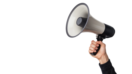 Hand holding a megaphone on a white backgrou gigapixel high fidelity
