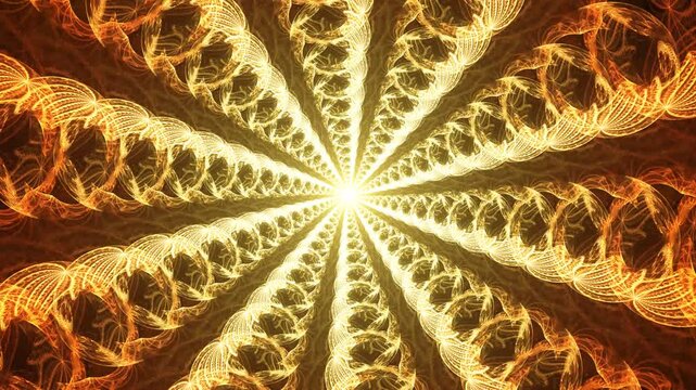 Shining lights rotating, emanating from center. Curved fluids making sparkling fractal spirals. Sunlight backdrop rhythmical revolving. Abstract metamorphoses of glowing golden waves. 4K UHD 4096x2304