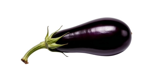 Glossy purple eggplant with vibrant green stem on transparent background