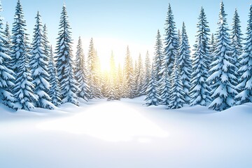 Fototapeta premium Serene Winter Landscape with Snowy Pine Trees and Golden Sunrise
