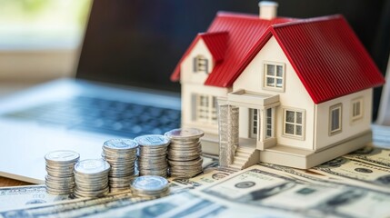 Real estate side hustle concept with laptop displaying property listings and financial planning notes