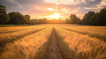 Obraz premium A pathway through a field of wheat at sunset, with the sun shining brightly in the distance.