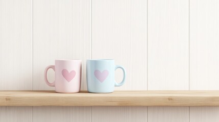 Obraz premium Valentine love mugs on shelf cozy background lifestyle concept heartwarming decor for celebrating love