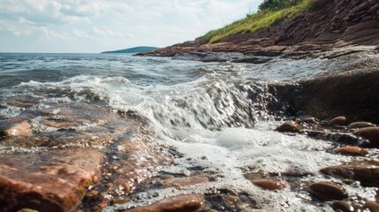 Waves crashing on rocky shore; see ocean water flow over stones.