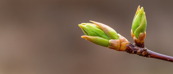 Budding Tree Branch, Fresh green buds emerge, heralding the arrival of spring and the promise of renewal in nature.