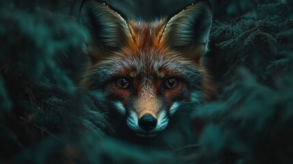 Fototapeta premium A red fox with piercing amber eyes peers out from behind a curtain of lush, green foliage. Its fur is a blend of rich reddish-brown and grey, and its expression is both curious and alert.