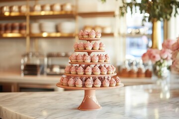 Beautifully Decorated Cupcake Display on a Stylish Cake Stand in a Bright Bakery Setting with Elegant Decor and Soft Lighting