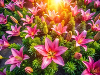 Obraz premium Pink lilies explode in vibrant color, a breathtaking aerial view of a flourishing garden.