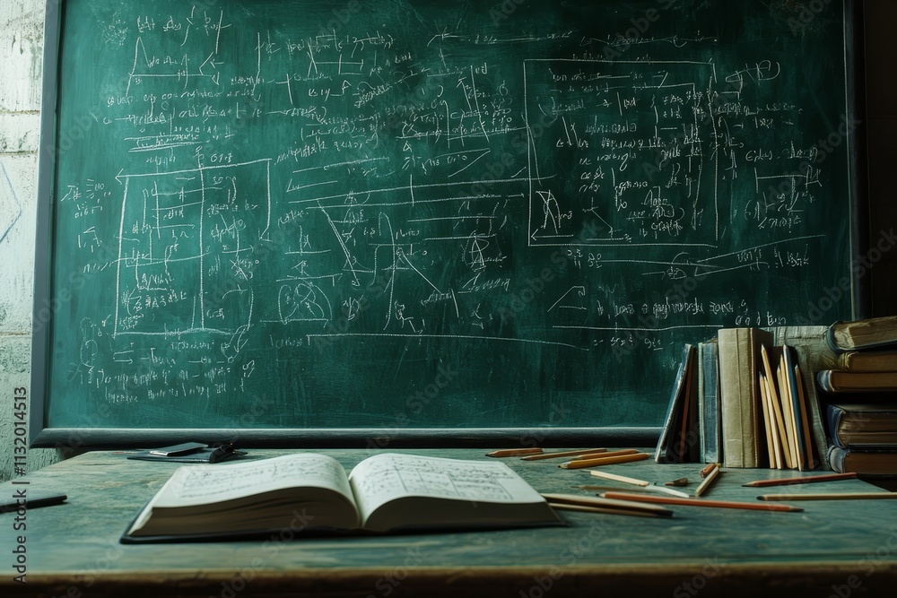 Poster Open book on desk with chalkboard covered in math equations and stacked books.