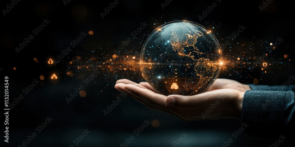 Poster hand holding a digital globe with abstract data visualization and light effects in a dark background